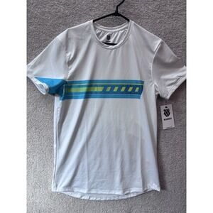 K-Swiss Supercharge Tennis Shirt Mens Small White Blue Green Graphic Tee NEW